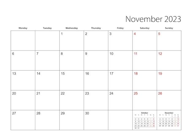 Vektor die woche des einfachen kalenderplaners für november 2023 beginnt am montag