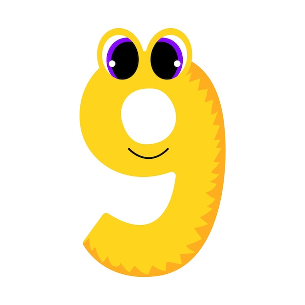 Die Zahl neun hat die Form eines niedlichen Monsters. 9 mit Augen. Isoliert auf weißem Hintergrund. Vekto