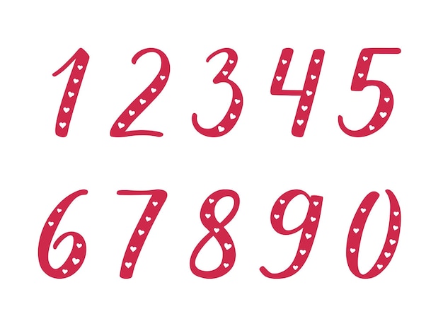 Die Zahlen 1, 2, 3, 4, 5, 6, 7, 8, 9, 0 handgeschriebener Schriftzug moderne Pinselkalligrafie mit Herzen.