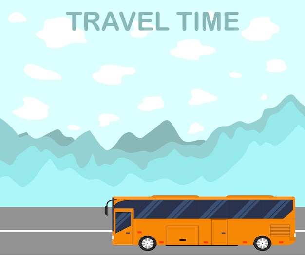 Die zeit zum reisen. flacher stil. der touristenbus. die straße entlang der berglandschaft. ein urlaub oder eine reise am wochenende. vektor-illustration.