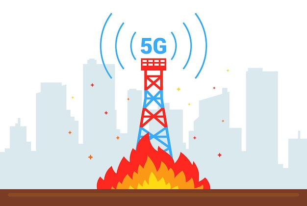 Die zerstörung des 5g-turms. setzen sie internet-geräte in brand. flache vektorillustration.