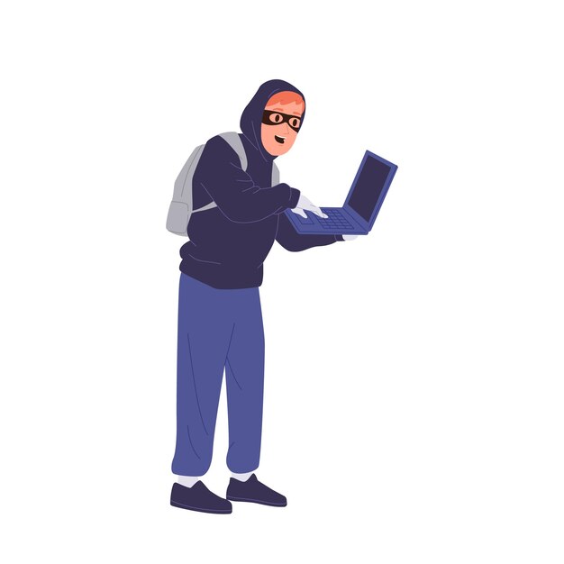 Dieb-Hacker-Cartoonfigur mit Gesichtsmaske und Kapuze mit Computer-Laptop, die persönliche Daten des Benutzers stiehlt, Konto und Passwort hackt, Programmierkode, Vektorillustration auf weiß isoliert