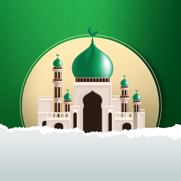 Dies ist ein Bild einer Moschee mit grünem Hintergrund und einem goldenen Kreis in der Mitte