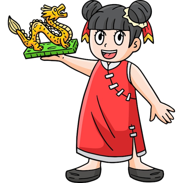 Dieser cartoon-clipart zeigt eine year of the dragon girl dragon statuette illustration