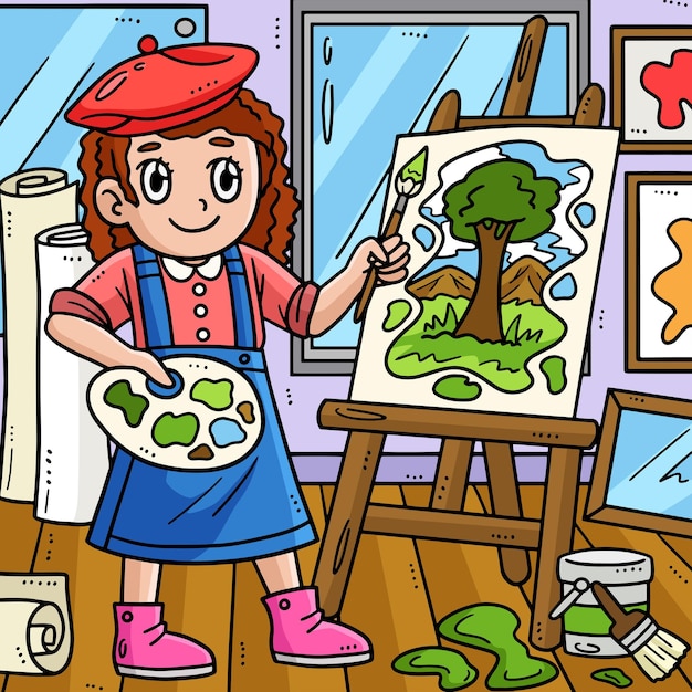 Dieser Zeichentrickfilm zeigt eine Illustration von Artist Girl Painting