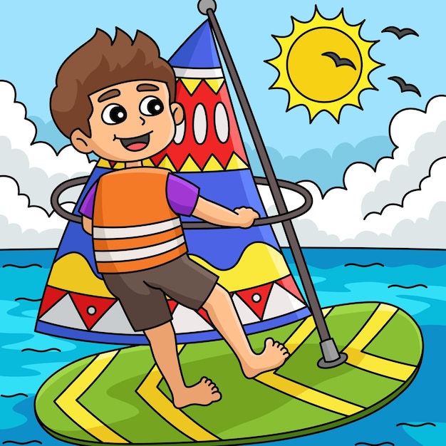 Dieser zeichentrickfilm zeigt eine illustration von boy windsurfing summer