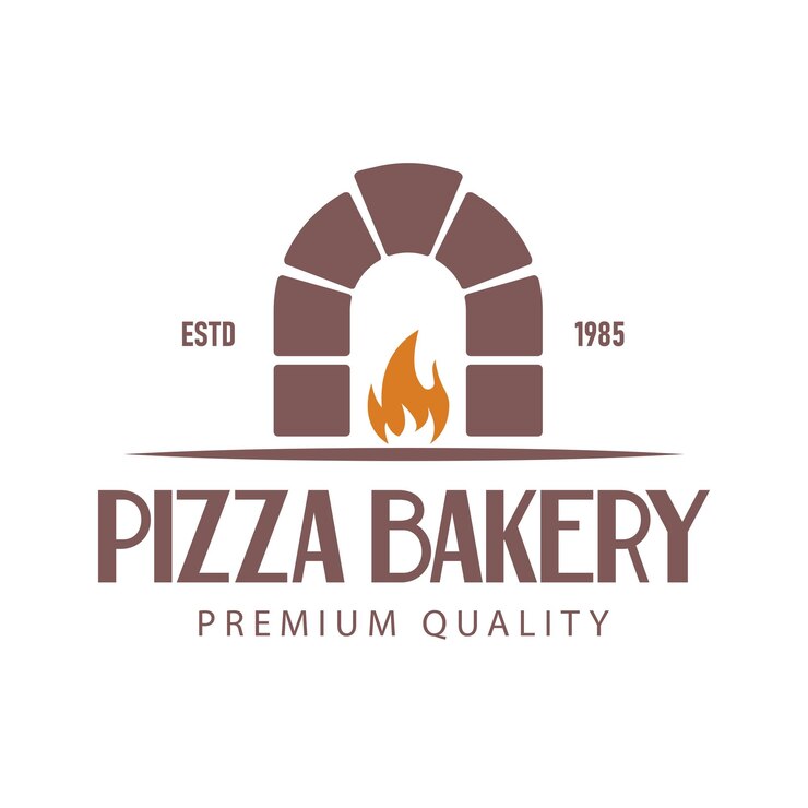 Dieses Vektorillustrations-Logo-Design zeigt eine Silhouette eines Pizzaofens mit einem brennenden Feuer und erzeugt einen warmen Look, der perfekt für ein Restaurant, eine Marke, eine Pizzeria oder ein kulinarisches Geschäft ist.