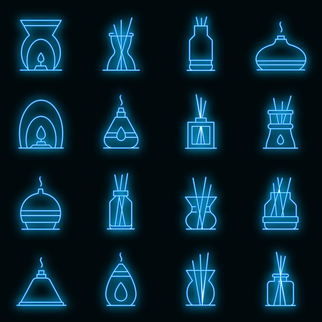 Diffusor-symbole gesetzt. umrisse von diffusor-vektorsymbolen neonfarbe auf schwarz