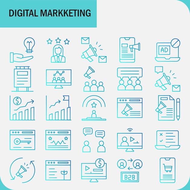 DIGITAL MARKETING BLUE VECTOR LINE ICON SET (Satz mit digitalem Marketing in blauer Vektorlinie)