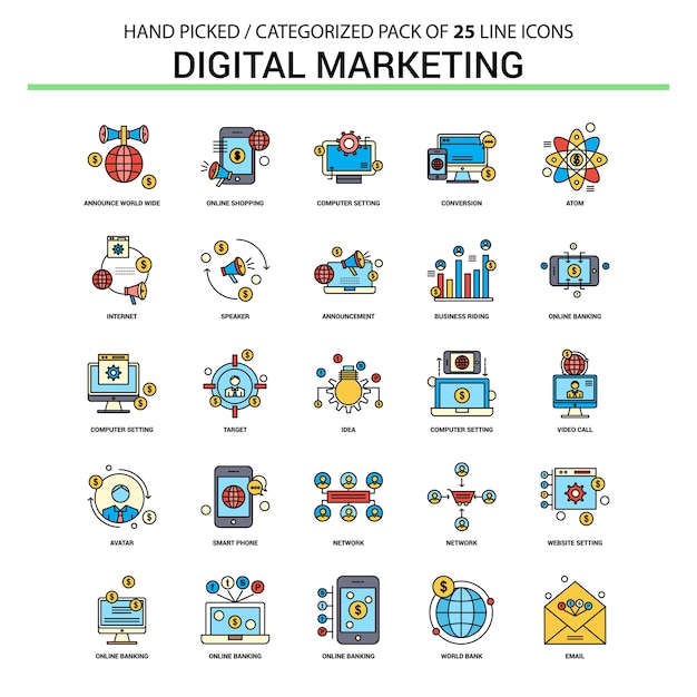 Digital-marketing-flache linie icon-set