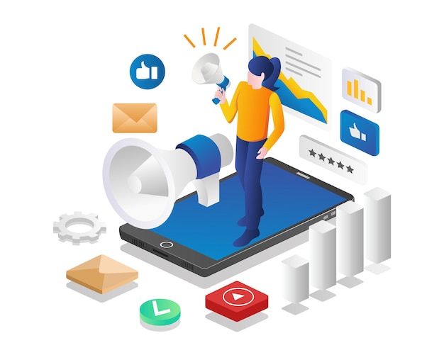 Digital Marketing Strategie Werbekampagne Mädchen mit Smartphone Vektor Illustration
