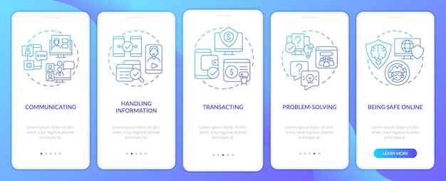 Digital Skills Blue Gradient Onboarding Mobile App Screen Digital System Walkthrough 5 Steps Grafische Anleitungsseiten mit linearen Konzepten UI UX GUI Template Myriad ProBold Regular Fonts used