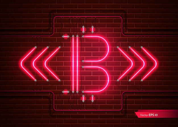 Digital vector bitcoin neonlicht. ausführliche cryptocurrency illustration auf backsteinmauerrückseite