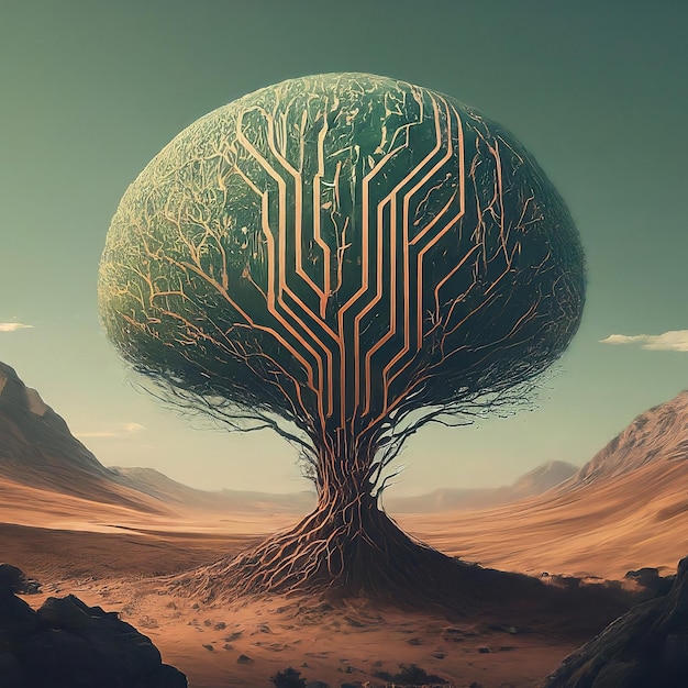 digitale Abbildung eines Computerchips mit einem Baum im Hintergrund digitale Abbildung einer c