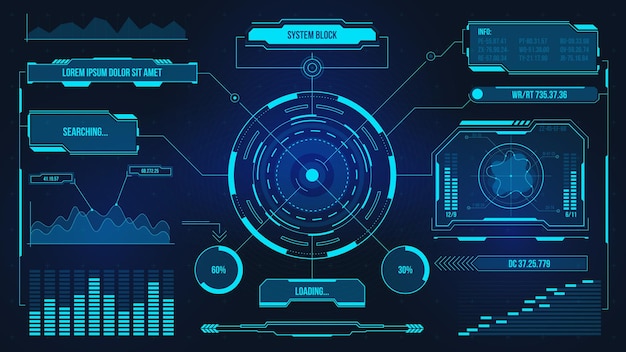 Vektor digitale benutzeroberfläche. futuristischer technologie-ui-bildschirm. spielauto- oder raumschiff-dashboard. analyse- oder kontrollhologramm-panel-vektoranzeige. datendiagramm, kommunikation und computing