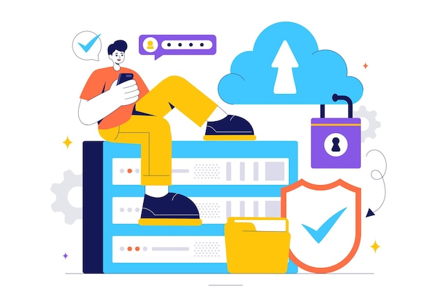 Digitale Cloud-Sicherheitsvektor-Illustration von Sicherheit und Datenschutz für Netzwerk-Internet-Hosting und Backup-Server in einer technologischen