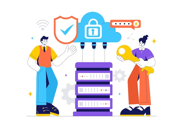 Digitale Cloud-Sicherheitsvektor-Illustration von Sicherheit und Datenschutz für Netzwerk-Internet-Hosting und Backup-Server in einer technologischen