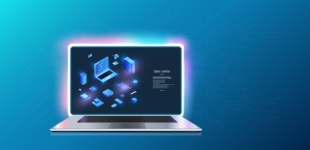 Digitale Darstellung eines Laptops mit schwimmenden Datenblöcken auf einem futuristischen blauen Hintergrund