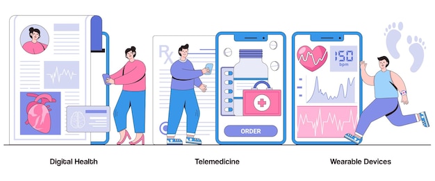 Vektor digitale gesundheitstelemedizin, tragbare geräte, konzept mit charakter, gesundheitstechnologie, abstrakte vektorillustration, set, wellness-überwachung, vernetzte pflege, metapher