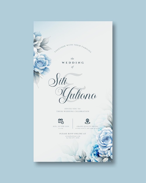 digitale Hochzeitseinladung mit blauem Blumenstrauß-Aquarell