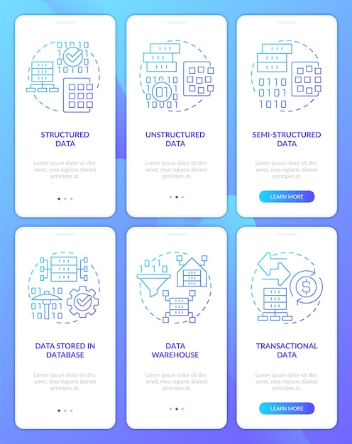 Digitale informationstypen blauer farbverlauf beim onboarding mobiler app-bildschirmsätze