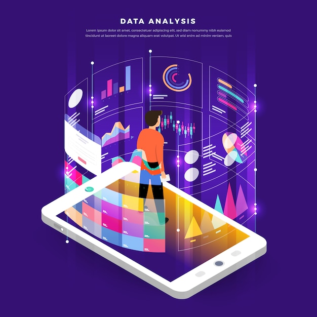 Digitale marketingdatenanalyse des flachen designkonzeptes mit diagrammdiagramm.