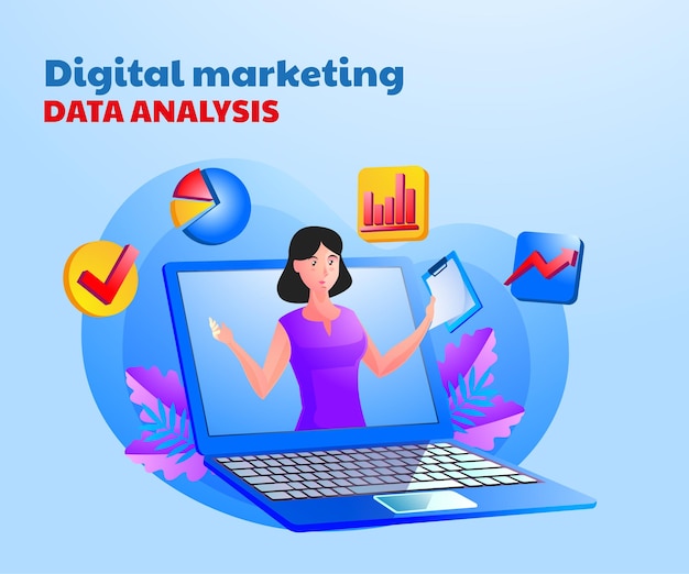 Digitale marketingdatenanalyse mit einer frau und einem laptop-symbol