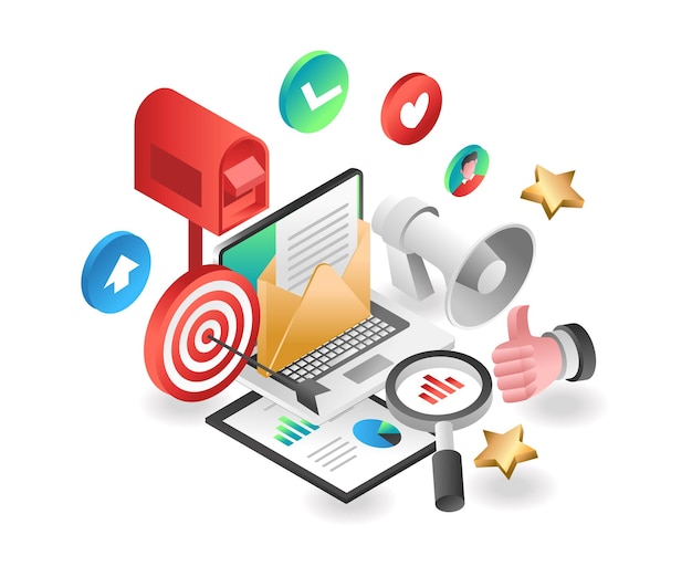 Digitale Marketingstrategie-E-Mail-Kampagne des flachen isometrischen Illustrationskonzepts