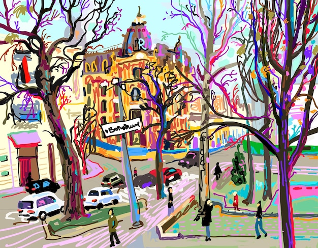 Vektor digitale plein-air-malerei des stadtbildes der kiewer straße im frühjahr, vektorgrafik zeitgenössischer kunst