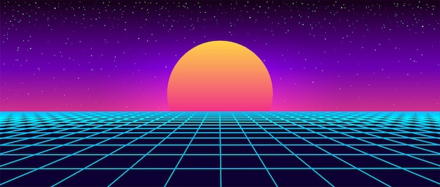 Digitale Retro-Landschaft im Stil der 80er Jahre Futuristische Cyberoberfläche 80er Jahre Retro SciFi-Hintergrund Albumcover oder Banner im Stil der 90er Jahre Vektorillustration