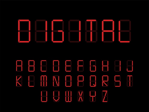 Digitale schriftart. alarmalphabet, elektronische briefe. monitor- und scoreboard-buchstaben.