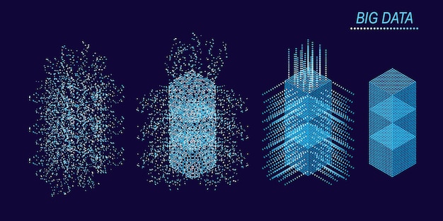Digitale technologie-web-banner. big-data-algorithmen für maschinelles lernen. abstrakte banneranalyse von informationen. isometrische ansicht. wissenschaft dunkelblauer hintergrund.