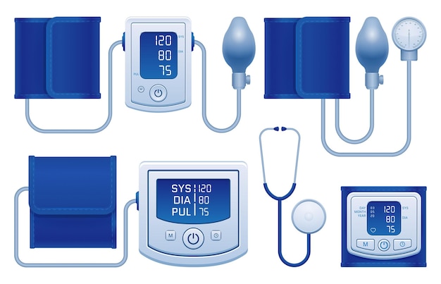 Digitale und manuelle aneroid-stethoskop-tonometer mit normalen arteriellen blutdruckmessergebnissen realistische set-vektorillustration