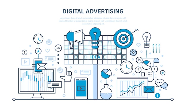 Digitale werbung, marketing, medienplanung, förderung, online-geschäft, marktforschung, dünne linie