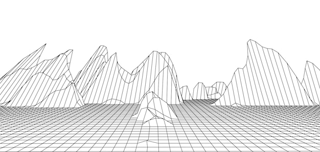 Digitale Wireframe-Landschaft Wireframe-Gelände-Polygon-Landschaftsdesign Digitaler Cyberspace in Bergen mit Tälern Vektor-Illustration