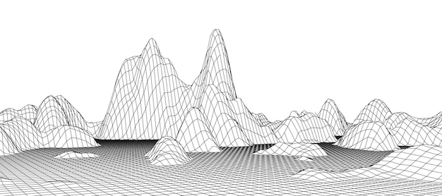 Digitale Wireframe-Landschaft Wireframe-Gelände-Polygon-Landschaftsdesign Digitaler Cyberspace in Bergen mit Tälern Vektor-Illustration