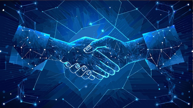 Digitaler Handschlag auf blauer Technologie Hintergrund Vektorillustration mit modernen Design-Elementen