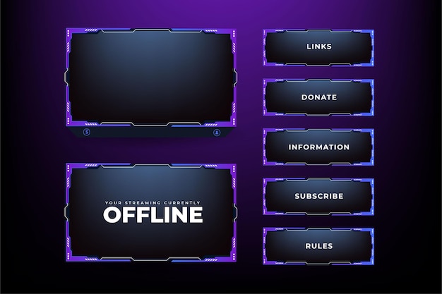 Digitaler live-streaming-overlay-vektor broadcast-bildschirmdesign mit abstrakten formen futuristisches gaming-panel-design live-gaming-overlay-panel und offline-frame-hintergrund mit violetten und dunklen farben