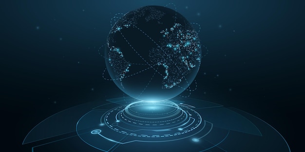 Digitaler planet erde mit hud-schnittstelle. globus-hologramm. 3d futuristische punktweltkarte im cyberspace mit lichteffekten. technologie-hintergrunddesign. vektor-illustration. eps 10