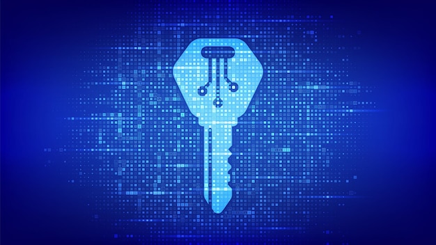 Digitaler Schlüssel. Elektronisches Schlüsselsymbol mit Binärcode. Hintergrund der Cybersicherheit und des Zugangs. Digitale Binärdaten und Streaming-Digitalcode. Matrixhintergrund mit Ziffern 1.0. Vektor-Illustration.