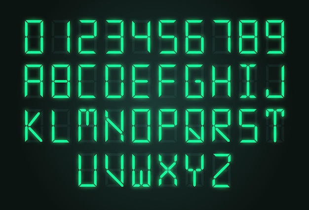 Vektor digitales alarmalphabet elektronikuhren buchstaben uhr zahlen und alphabet anzeiger rechner typografie schriftart zeichen led-anzeige exakter vektortext