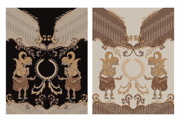 Vektor digitales batik wayang arjuna musterdesign mit batik parang in schwarzgold und beige