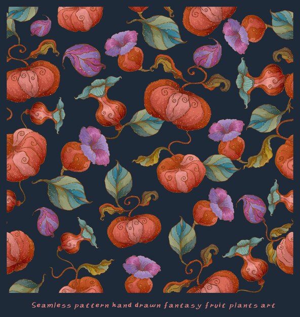 Digitales blumiges nahtloses muster fantasieblumen und früchte hand gemaltes grünes blatt pastellblüte obst mit abstrakten formen illustration für design druck scrapbook papier