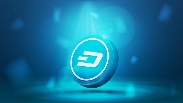 Digitales Kryptowährungsbanner mit 3D-Dash-Münze auf dunkelblauem, verschwommenem Hintergrund