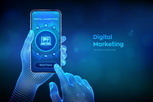 Digitales Marketing-Technologiekonzept auf virtuellem Bildschirm Internet-Online-Suchmaschinenoptimierung SEO SMM-Werbung Closeup Smartphone in Wireframe-Händen Vektorillustration