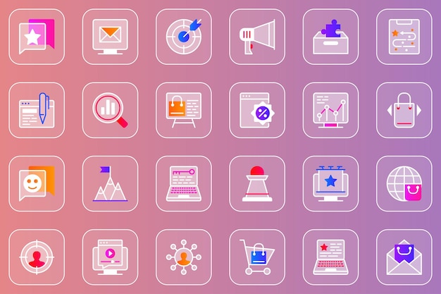 Digitales Marketing Web glasmorphe Icons Set