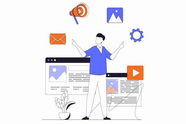 Digitales Marketingkonzept mit People-Szene im flachen Umrissdesign