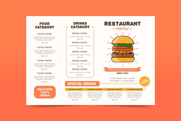 Digitales restaurantmenü im querformat mit burger