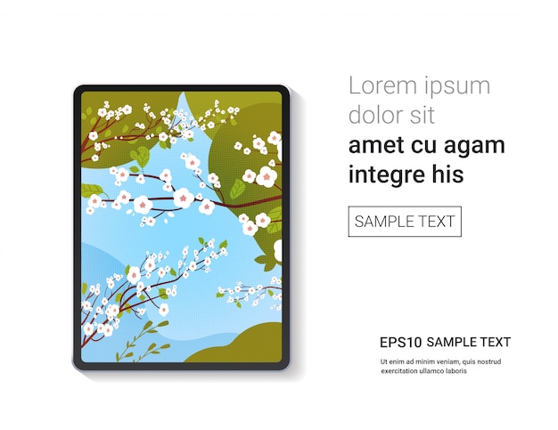 Digitales tablet mit schönen blühenden blumen wallpaper auf dem bildschirm realistische modell gadgets und geräte