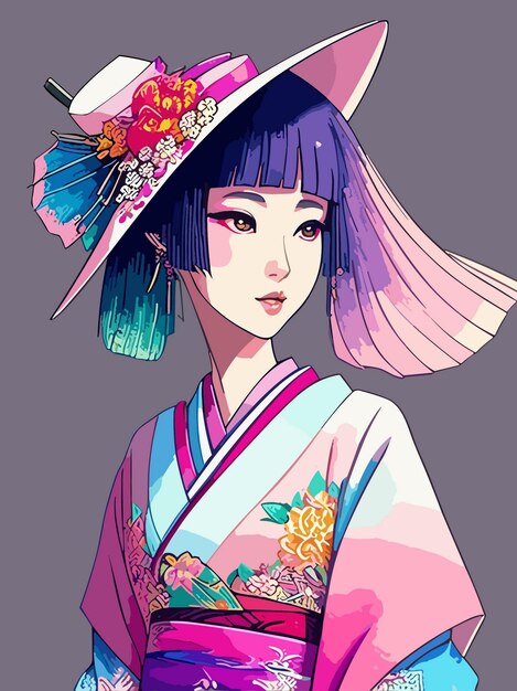 Vektor digitales vektorkunstporträt einer japanischen geisha-frau mit traditioneller illustration